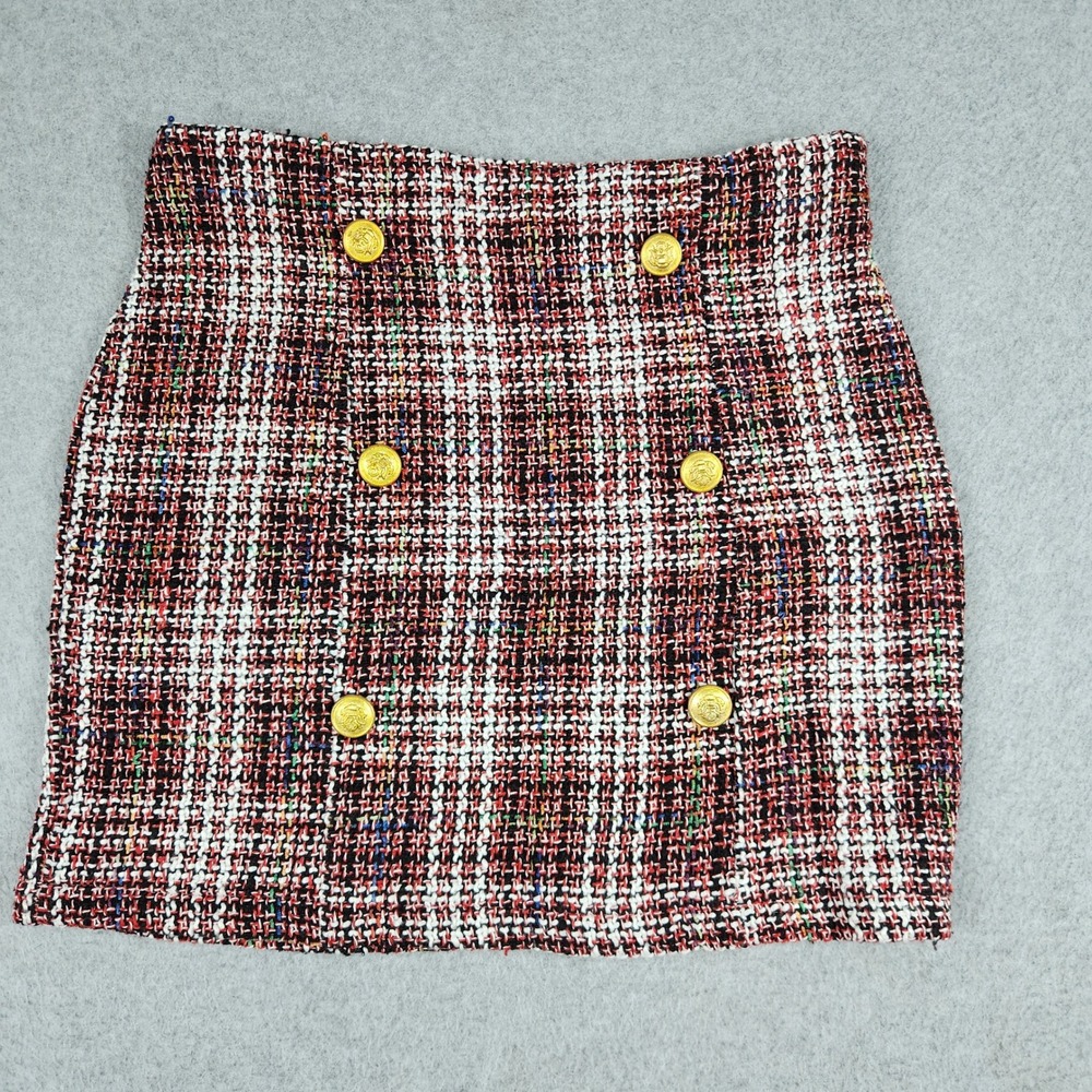 PrettyLittleThing Mini Skirt Womens 6 Red Multi Tweed Plaid Golden Button Preppy